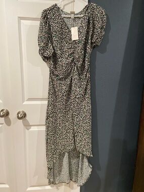 Black Floral High-Low Midi Dress with Puff Sleeves